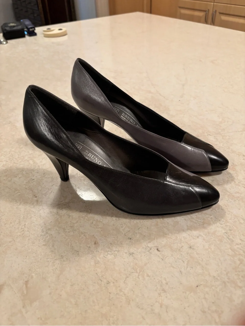 Bruno Magli Two-Tone Black and Gray Leather Pointed-Toe Pumps